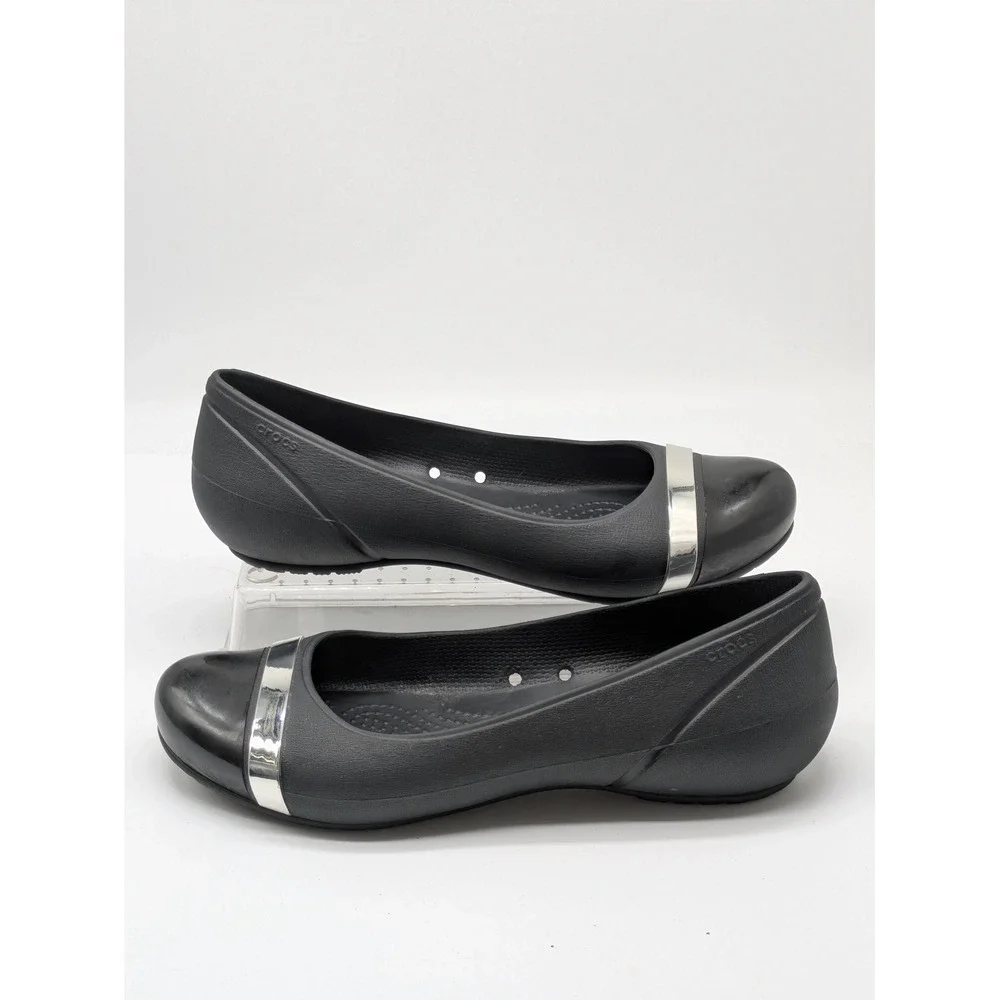 Crocs Women's Flats Black Silver Cap Toe Comfort Slip On Shoes Size 8 W